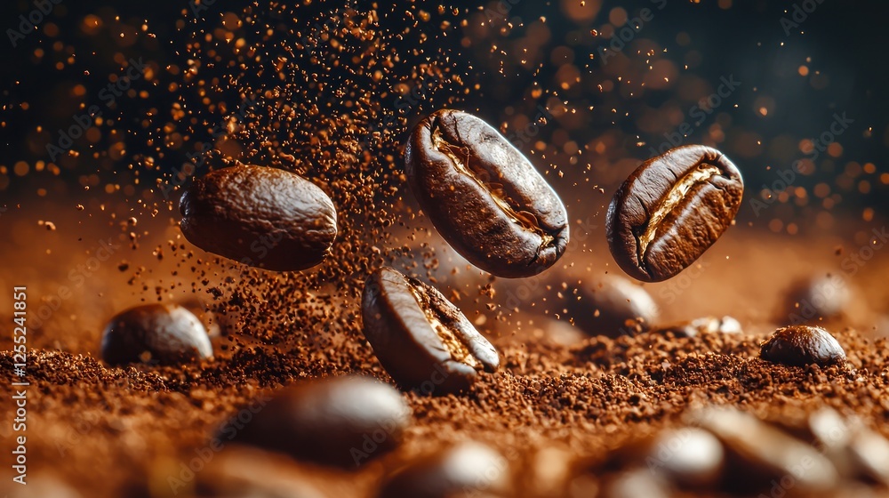 Floating coffee beans above ground coffee with a dark, blurred background Floating coffee beans above ground coffee with a dark, blurred background