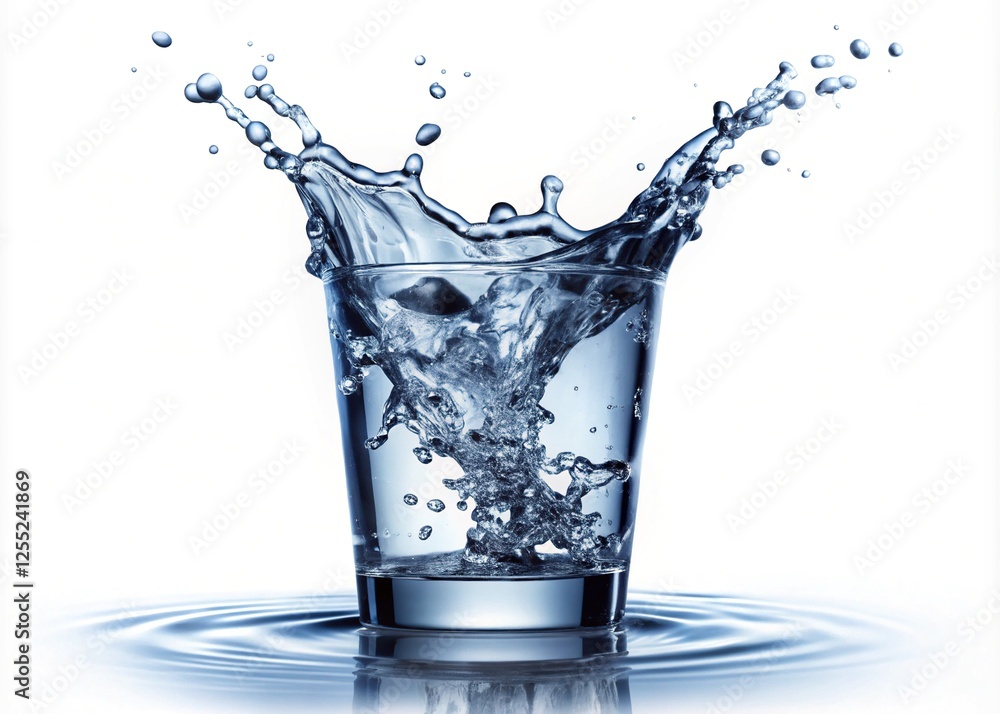 Splashing Water in Glass with Clear Reflection isolated on white background Splashing Water in Glass with Clear Reflection isolated on white background