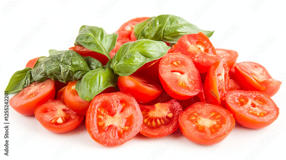 Red tomatoes with basil leaves isolated on white background, png clipart cutout vector illustration, Red tomatoes with basil leaves isolated on white background, png clipart cutout vector illustration,