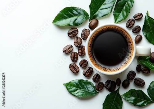 A steaming cup of coffee surrounded by coffee beans and green leaves on a clean surface