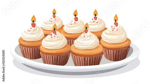 A high-angle, close-up studio shot depicts six vanilla cupcakes arranged on a round white plate against a pure white background. Each cupcake is topped with a generous swirl of white frosting,