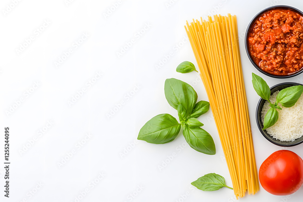 Bolognese Paste ingredients - raw pasta, beef, tomatoes, basil, wine and herbs Bolognese Paste ingredients - raw pasta, beef, tomatoes, basil, wine and herbs