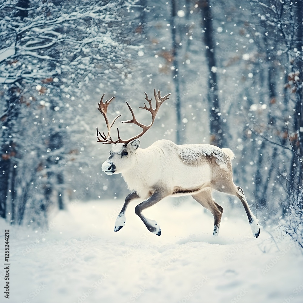 A snow-covered reindeer moving gracefully through a silent winter forest. A snow-covered reindeer moving gracefully through a silent winter forest.