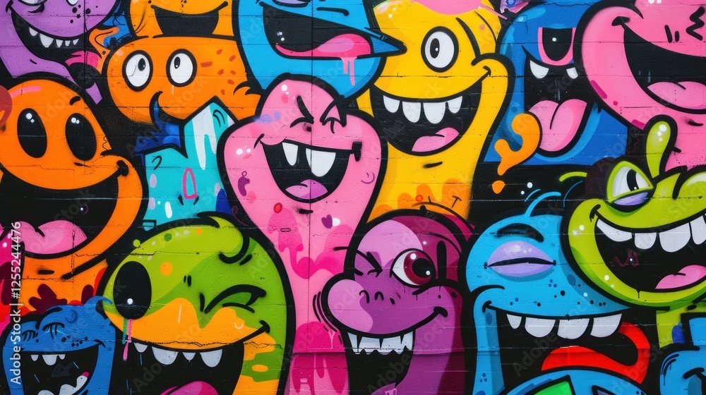 Vibrant Graffiti Wall Featuring Joyful Cartoon Characters Vibrant Graffiti Wall Featuring Joyful Cartoon Characters