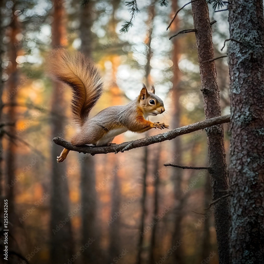 A squirrel leaping from branch to branch in a dense pine forest. A squirrel leaping from branch to branch in a dense pine forest.