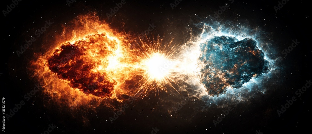 Obraz premium Fiery and Icy Cosmic Clouds Collide in a Spectacular Space Explosion Nebula