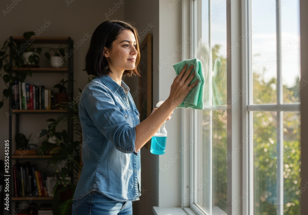 Woman in denim cleaning window with spray bottle in sunlit room with plants Woman in denim cleaning window with spray bottle in sunlit room with plants