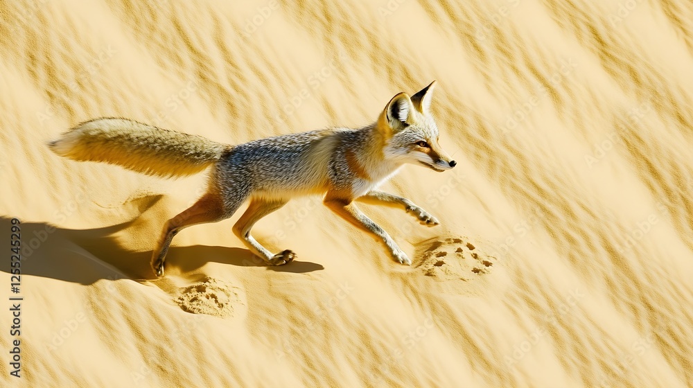 Obraz premium A solitary desert fox sprinting across the dunes, leaving delicate paw prints behind.