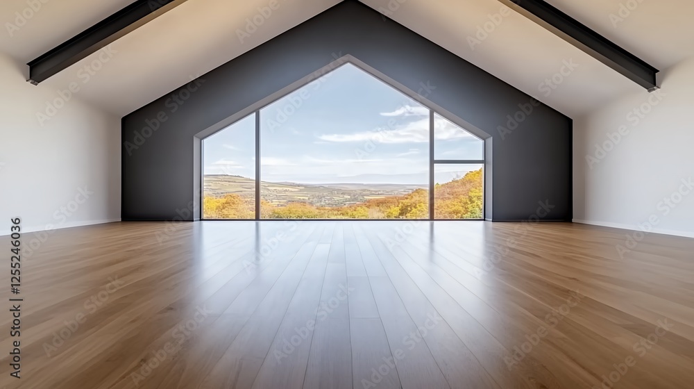 Fototapeta premium Modern Empty Room with Large Windows Showcasing Scenic View