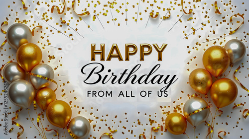 Festive Celebration Greeting with Golden Balloons and Confetti for Happy Birthday Occasion from All of Us