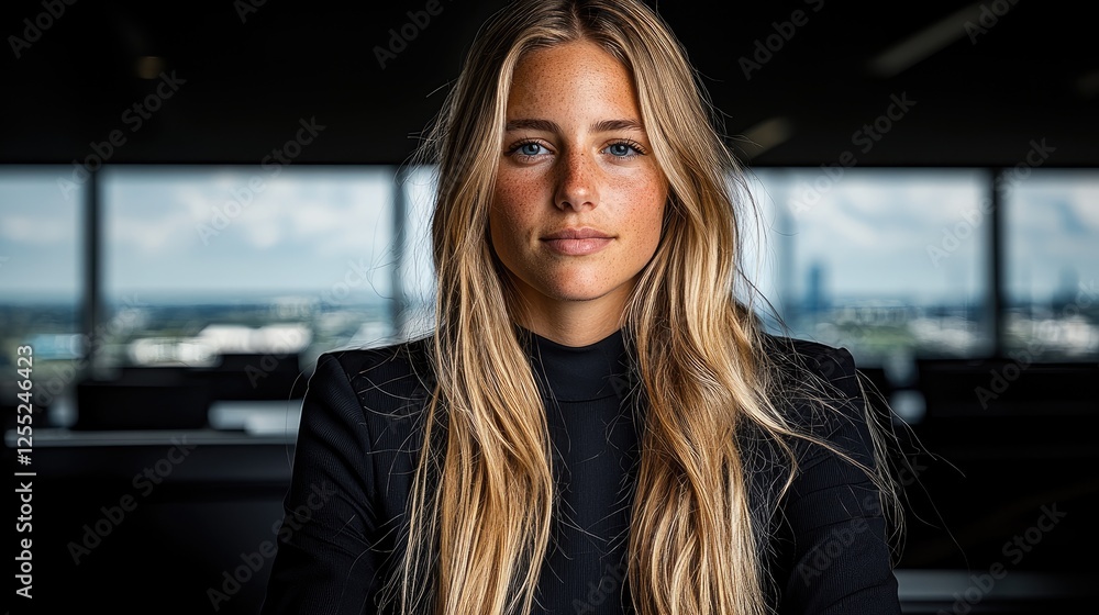 Confident woman, office portrait, city view, modern workplace