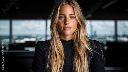 Confident woman, office portrait, city view, modern workplace