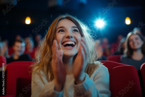 Wallpaper Mural Happy woman applauding in a theater audience, sharing the excitement of a live show with a crowd of engaged spectators. Torontodigital.ca