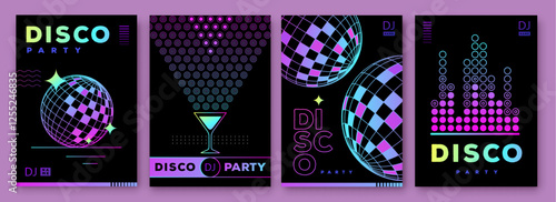 Set of retro futuristic disco party posters, covers or banners with disco ball. Fluorescent disco background. Flat design. Vector illustration
