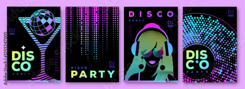 Set of retro futuristic disco party posters, covers or banners with disco ball. Fluorescent disco background. Flat design. Vector illustration