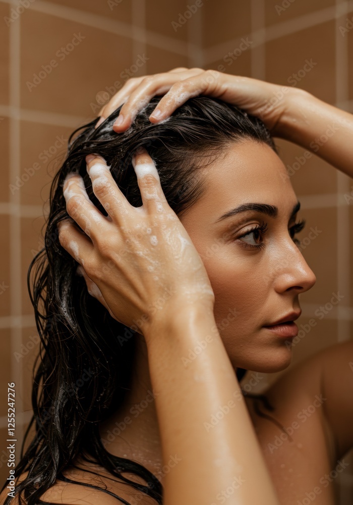 Naklejka premium Woman washing hair with shampoo in shower for hair care routine and hygiene