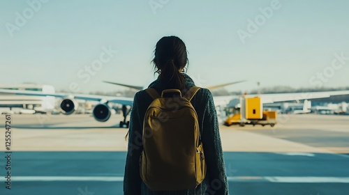 Woman at Airport Gate, Waiting for Flight, Airplane, Travel photo