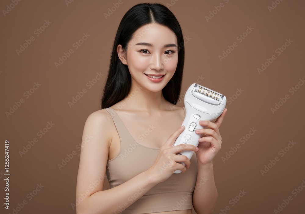 Smiling woman holding electric epilator against brown background Smiling woman holding electric epilator against brown background