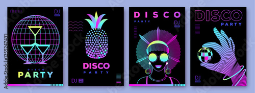 Set of retro futuristic disco party posters, covers or banners with disco ball. Fluorescent disco background. Flat design. Vector illustration