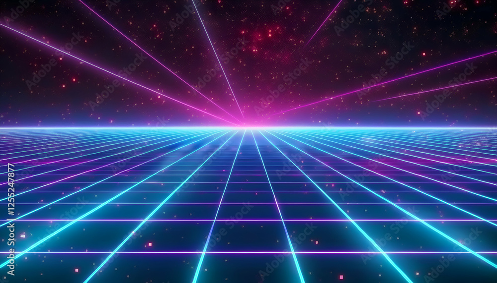 Obraz premium Retro 80s video game background with grid of blue light streaking in space