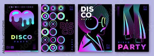 Set of retro futuristic disco party posters, covers or banners with disco ball. Fluorescent disco background. Flat design. Vector illustration