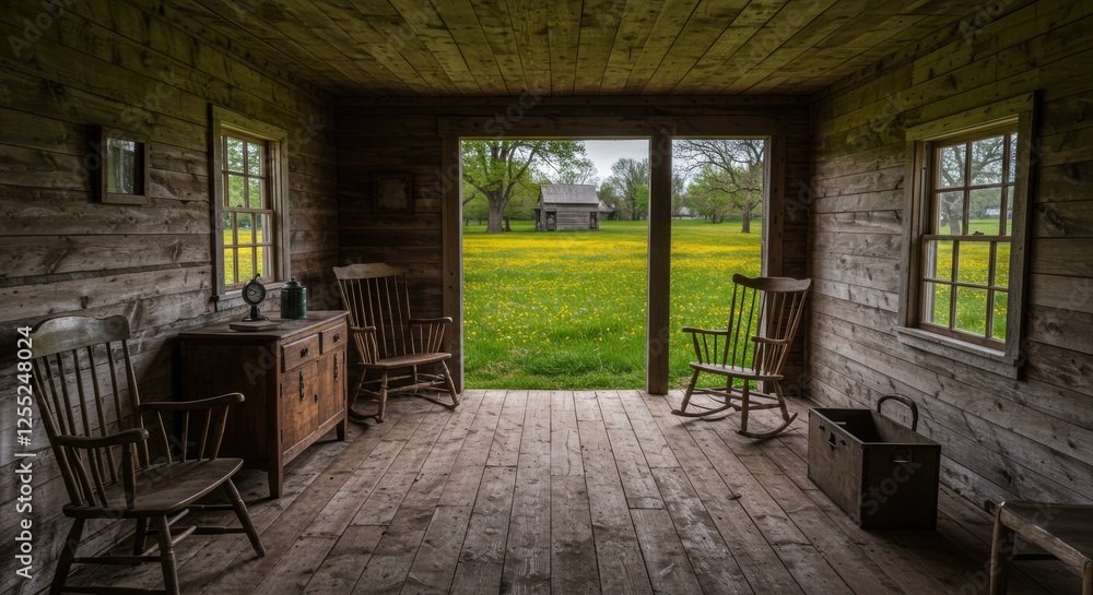 Tranquil rustic cabin interior overlooking lush meadow with dandelions Tranquil rustic cabin interior overlooking lush meadow with dandelions