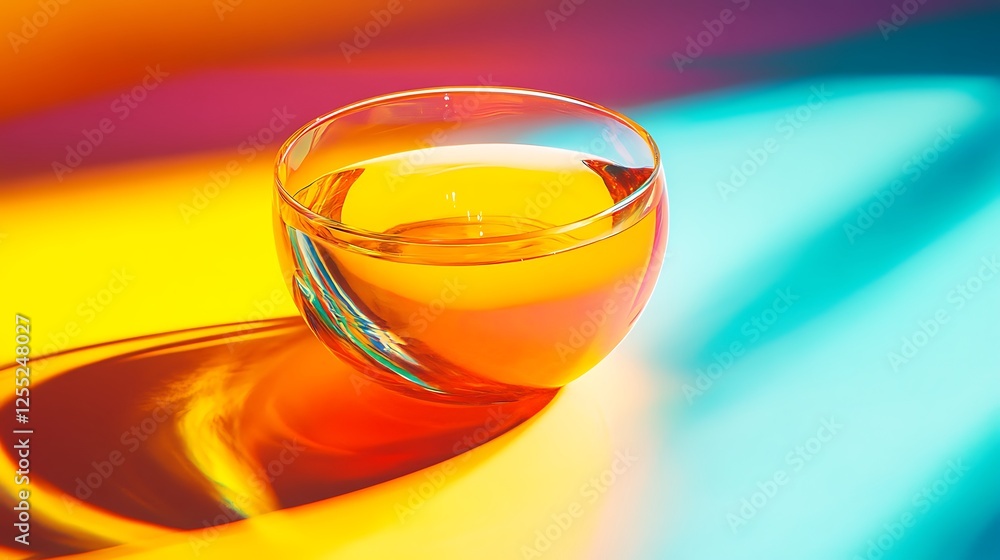 Glass bowl with liquid, vibrant background, studio shot, product display Glass bowl with liquid, vibrant background, studio shot, product display