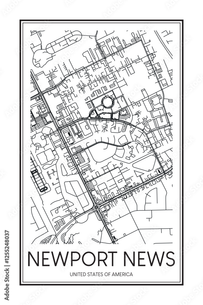 Obraz premium Printable downtown road map poster of the USA city of NEWPORT NEWS on solid white background with city name