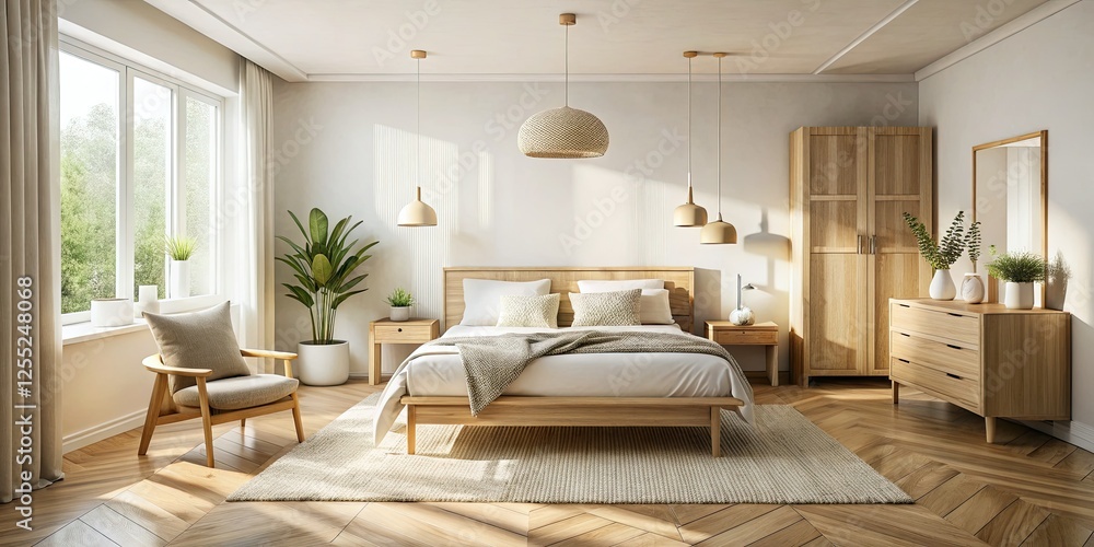 Fototapeta premium Serene Scandinavian bedroom: light wood, cozy accents, minimalist design.