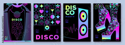 Set of retro futuristic disco party posters, covers or banners with disco ball. Fluorescent disco background. Flat design. Vector illustration