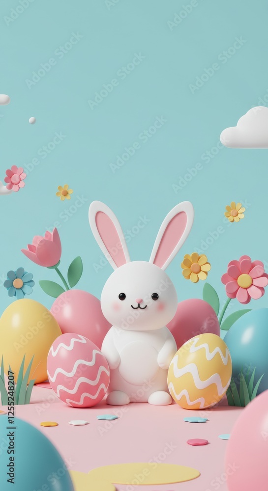 Cute easter bunny with colorful eggs and flowers in pastel spring scene Cute easter bunny with colorful eggs and flowers in pastel spring scene