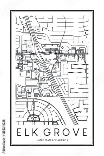 Printable downtown road map poster of the USA city of ELK GROVE on solid white background with city name