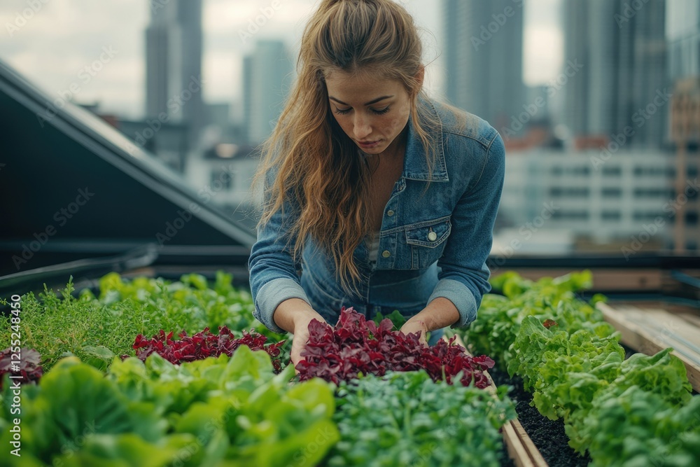 Woman tending to a vibrant rooftop garden, harvesting fresh, leafy greens. Woman tending to a vibrant rooftop garden, harvesting fresh, leafy greens.