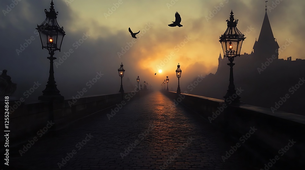 Misty sunrise over cobblestone bridge, castle background, atmospheric travel scene Misty sunrise over cobblestone bridge, castle background, atmospheric travel scene