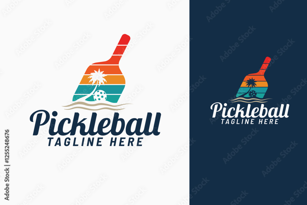 custom made wallpaper toronto digitalpickleball logo with a combination of a racket, ball, coconut tree, and beach scene. It's great for club logos, websites, t-shirts, etc.