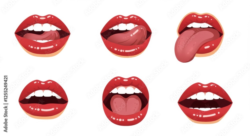 Set of cartoon red lips with various expressions and tongue out on white background Set of cartoon red lips with various expressions and tongue out on white background