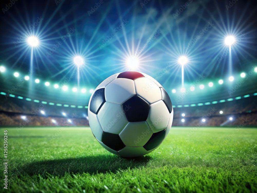 Naklejka premium Stadium lights blaze, illuminating a dramatic night soccer game; players poised, ball close-up, ready for action.