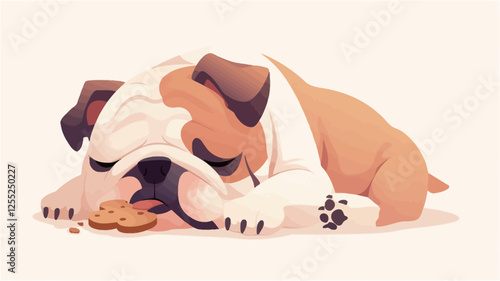 A digital illustration depicts a stylized bulldog puppy lying down on a white background.  The puppy is predominantly white and light brown, with soft, rounded features characteristic of