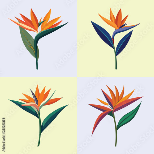 Illustration of Bird of Paradise Flowers in Four Styles - A striking illustration of four variations of bird of paradise flowers featuring vibrant orange, yellow, and blue petals with green leaves.

