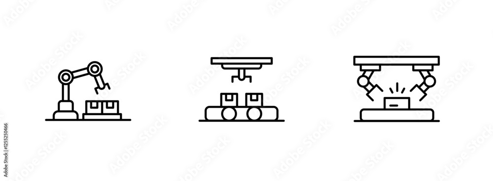 Set of Factory icon, Manufacturing Line and Industrial Robot Symbol Outline icon, Editable Stroke Set of Factory icon, Manufacturing Line and Industrial Robot Symbol Outline icon, Editable Stroke