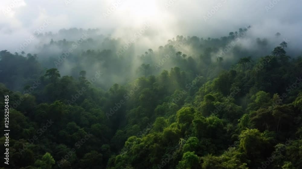 Aerial view of a misty green rainforest illuminated by sunlight through the fog Aerial view of a misty green rainforest illuminated by sunlight through the fog