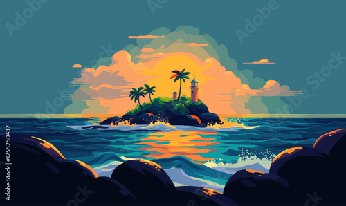 Tropical Island Sunset with Lighthouse Vector Illustration