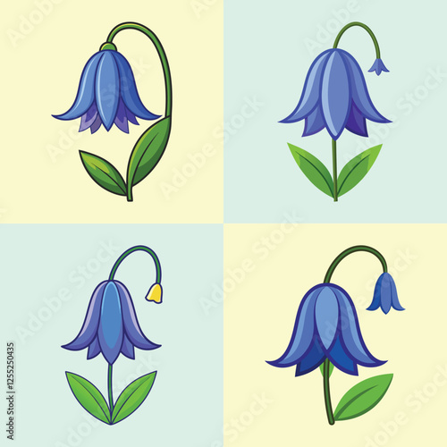 Illustration of Bluebell Flowers in Four Styles - A delicate illustration featuring four variations of bluebell flowers with blue petals and green leaves.

