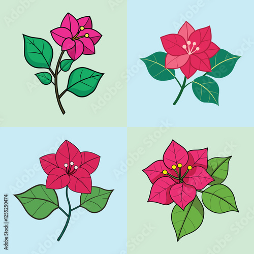 Illustration of Bougainvillea Flowers in Four Styles - A vibrant illustration showcasing four variations of bougainvillea flowers in shades of pink with green leaves.

