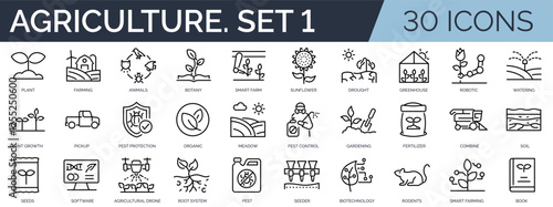 Set of 30 outline icons related to agriculture. First set. Linear icon collection. Editable stroke. Vector illustration