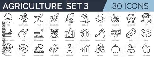 Set of 30 outline icons related to agriculture. Third set. Linear icon collection. Editable stroke. Vector illustration