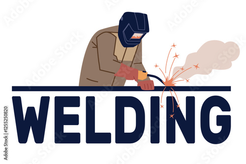 Welder. Professional metalwork, man in uniform and protective mask. Construction metalworking industry, logotype and phrase, occupation. Cartoon flat style isolated vector concept