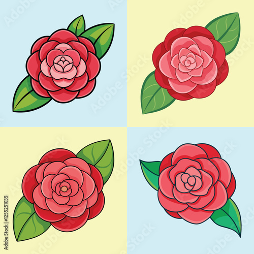 Illustration of Camellia Flowers in Four Styles - A delicate illustration of four variations of camellia flowers with pink and red petals and vibrant green leaves.

