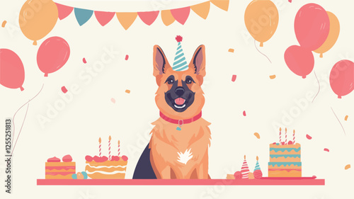 A digital illustration depicts a German Shepherd dog wearing a party hat and sitting in front of a table laden with cakes and sweets.  The background features pastel-colored balloons, confetti, and