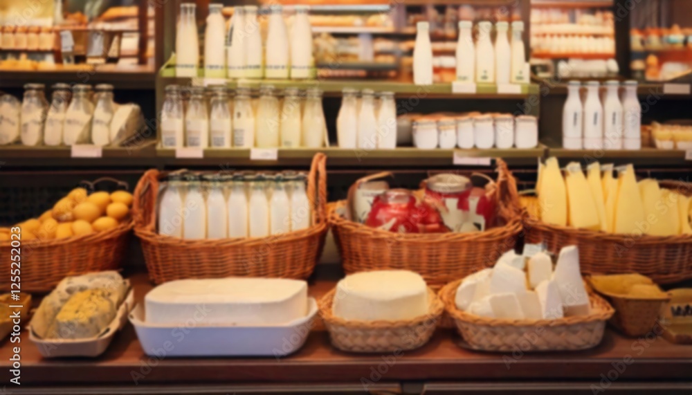 Fototapeta premium Defocused Fresh dairy products and baked goods on display in a local market